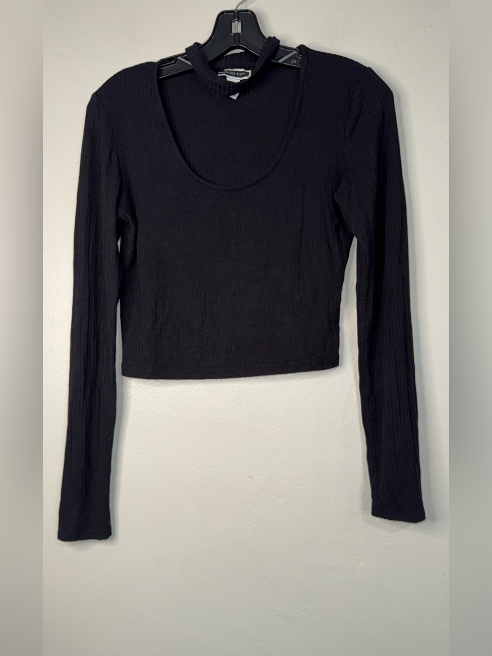 & Other Stories Black Ribbed Long-Sleeve Crop Top with Mock Neck Cutout